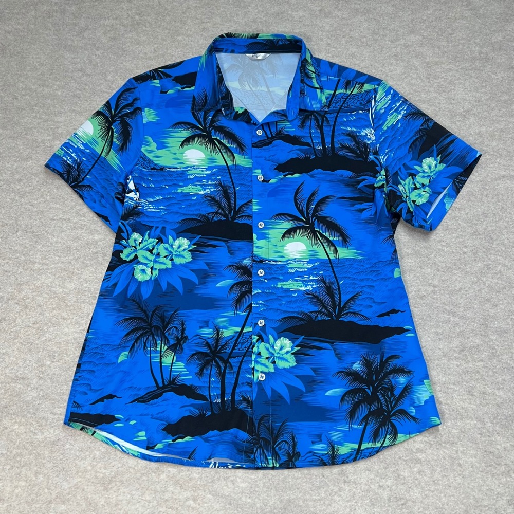 SheLucki Mens Tropical Island Sunset Palm Tree Button Up Shirt Blue Green Size M
